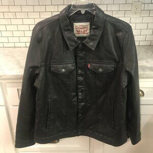 Levi Strauss Jacket Mens XL Black Faux Leather Quilted Lined Trucker Zip Coat